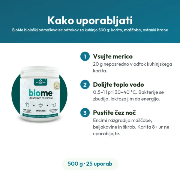BioMe biološki odmaševalec odtokov za kuhinjo 500 g: korito, maščoba, ostanki hrane