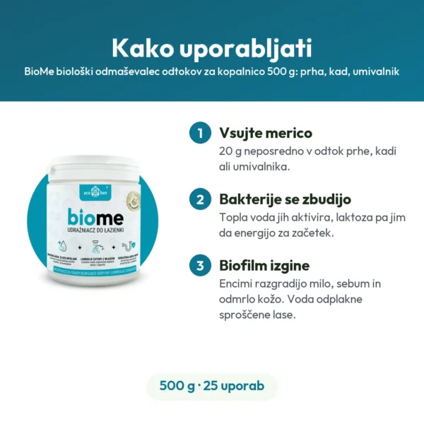 BioMe biološki odmaševalec odtokov za kopalnico 500 g: prha, kad, umivalnik